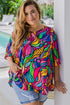 Rose Abstract Print Plus Size Frilly Trim Blouse